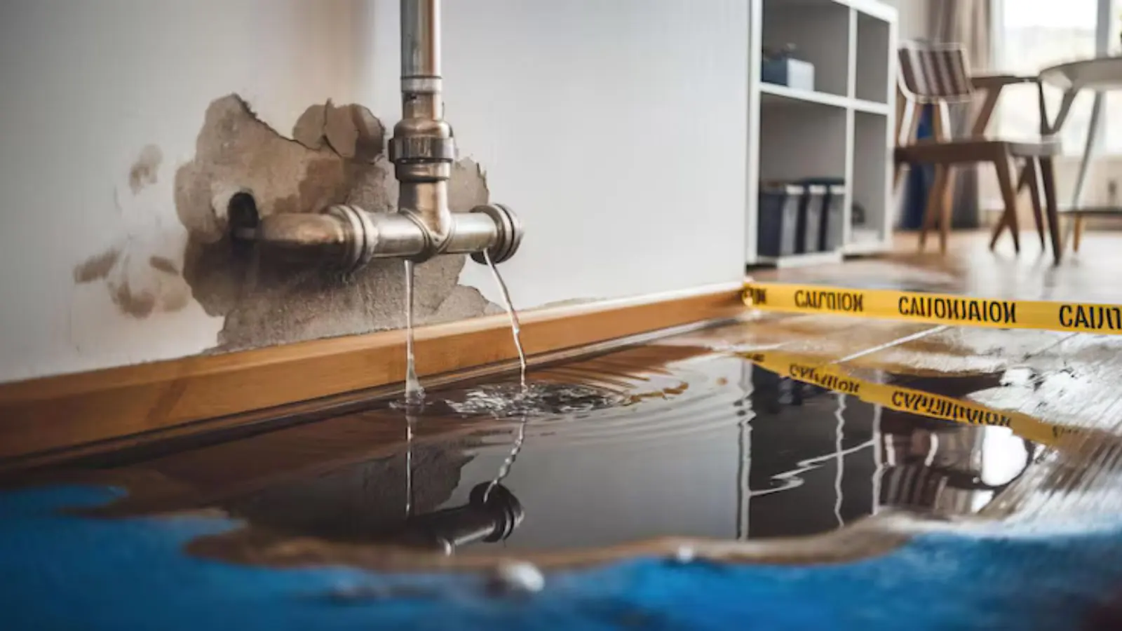 Leaking pipe with caution tape and water pooling on the floor below