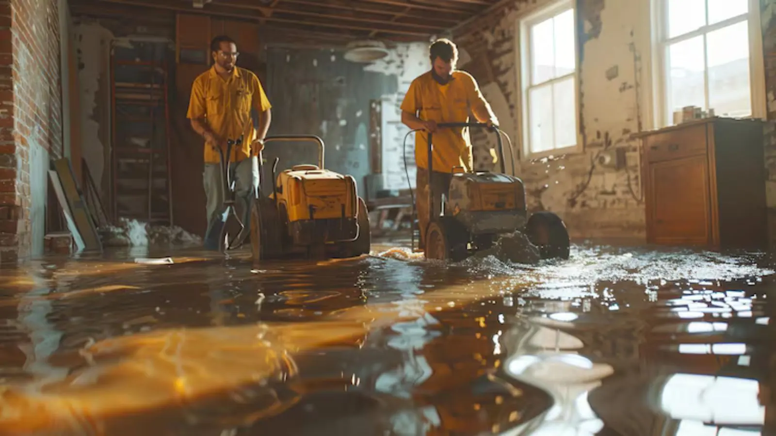 Two crew members running water extraction machines across a flooded room