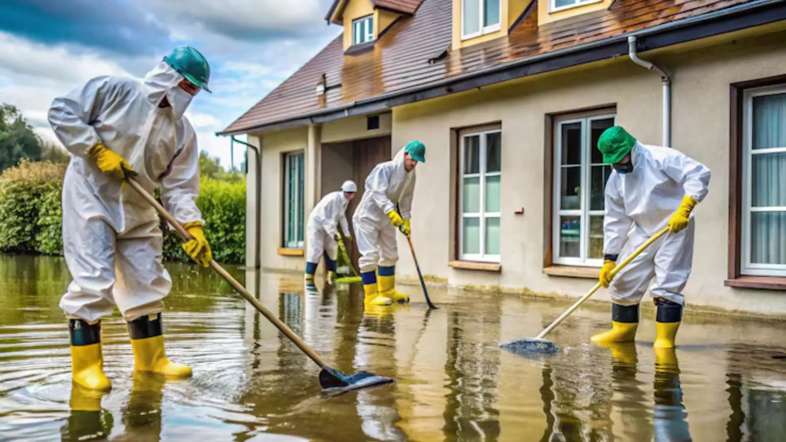 Crew in protective suits and yellow boots clearing floodwater around a house
