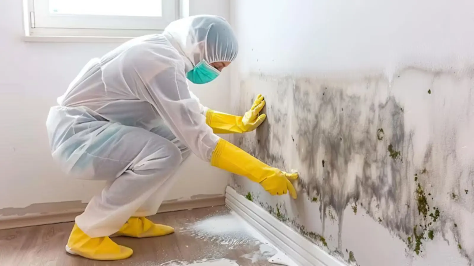 Technician in a protective suit wiping mold from a wall above the baseboard