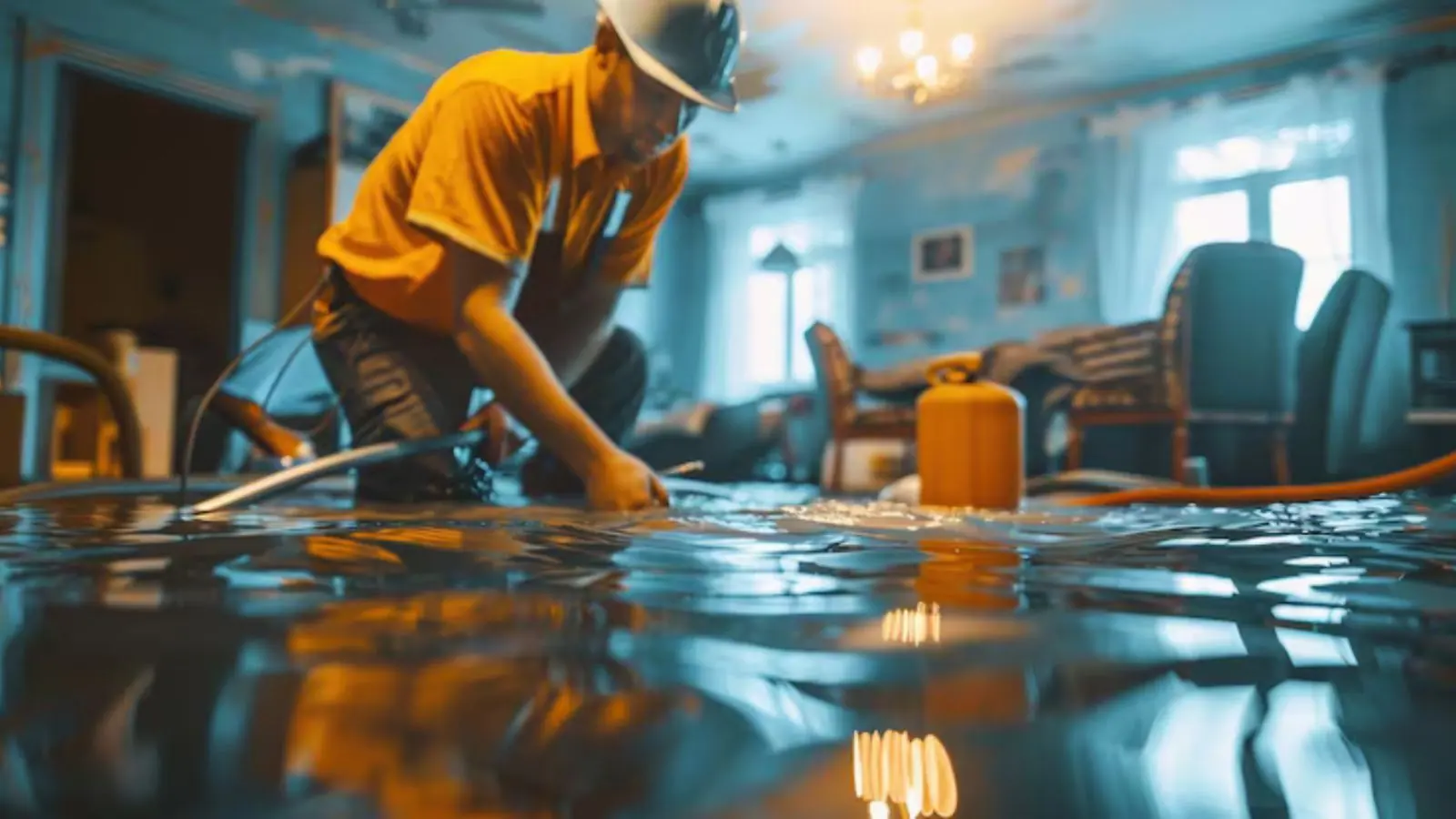 Cleanup worker in an orange shirt clearing a flooded living room