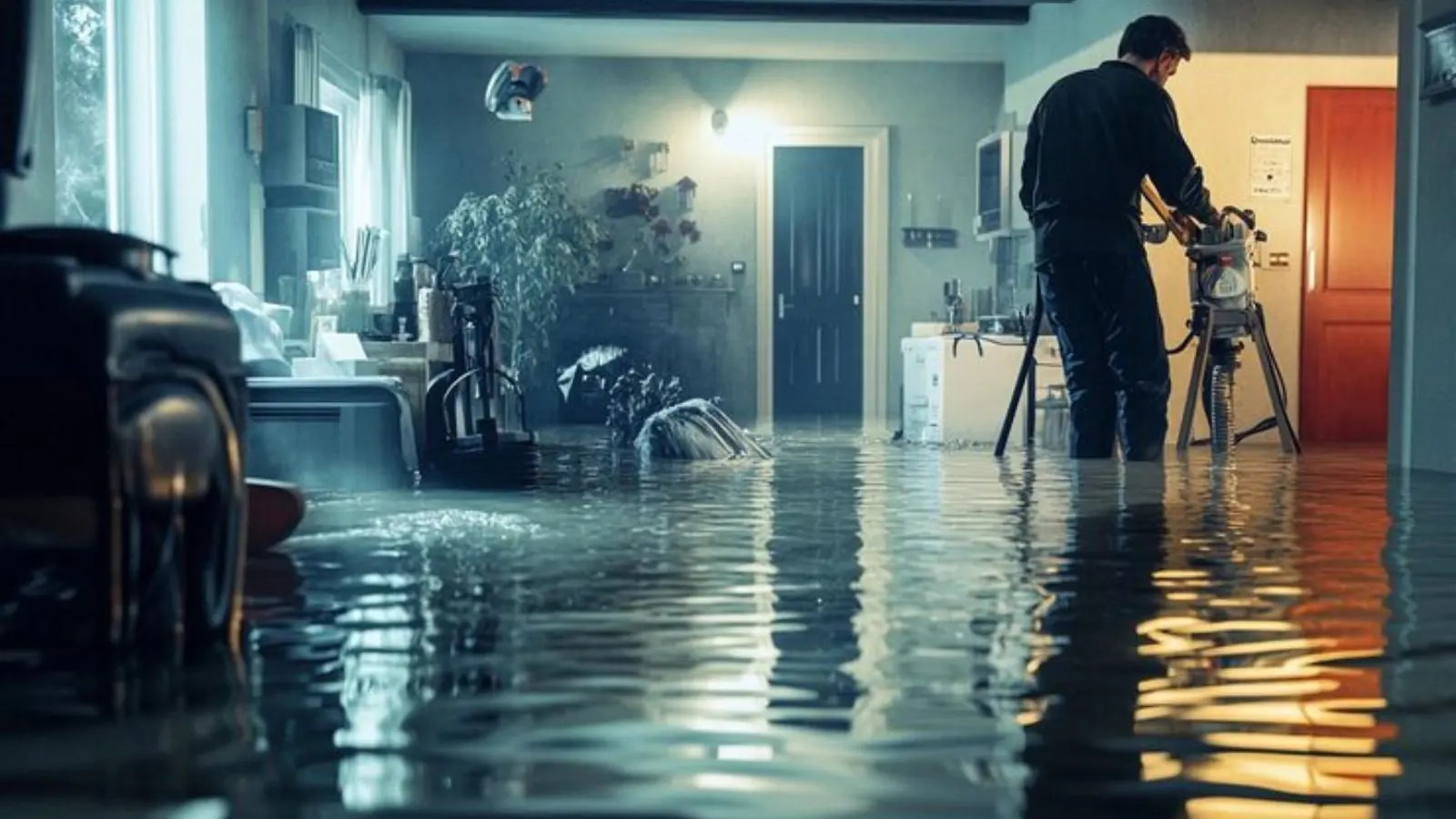 Technician setting up drying equipment in a water-damaged room with standing water